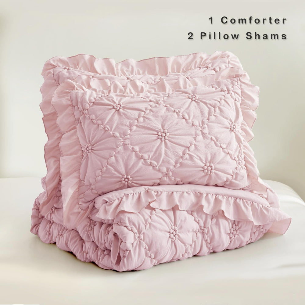 BEDAZZLED King Comforter Set, Pink Pinch Pleat Ruffle, 3 Pieces