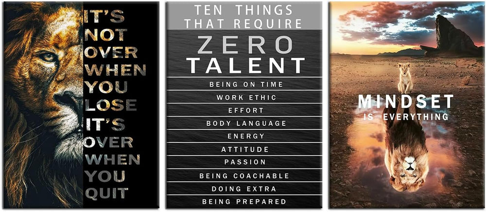 QYHART Lion Mindset Zero Talent 3 Piece Canvas Wall Art Office Wall Decor