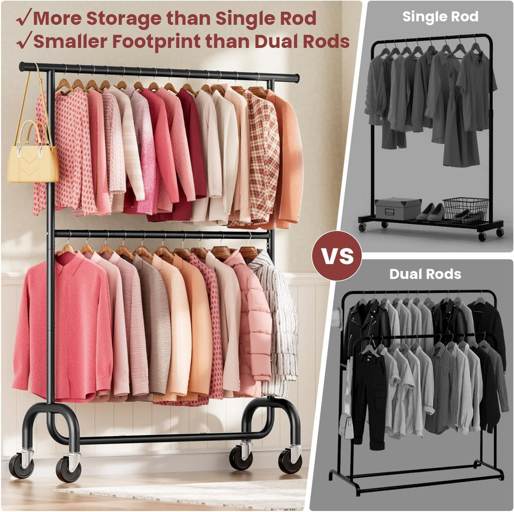 Heavy Duty Clothes Rack - Rolling Clothing Rack for Bedroom - Black