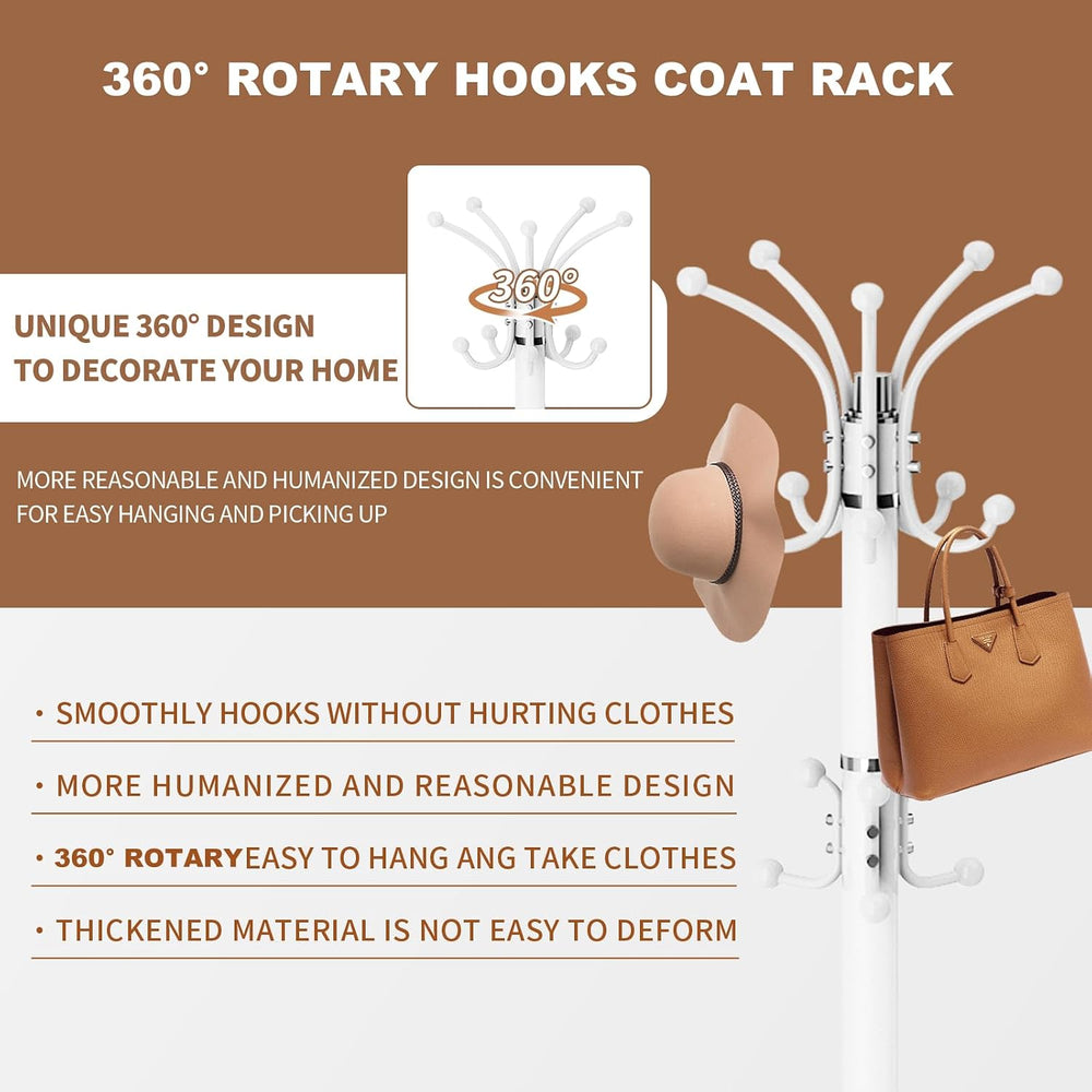 Coat Rack Stand 360°Rotary Coat Rack Freestanding with 16 Hooks