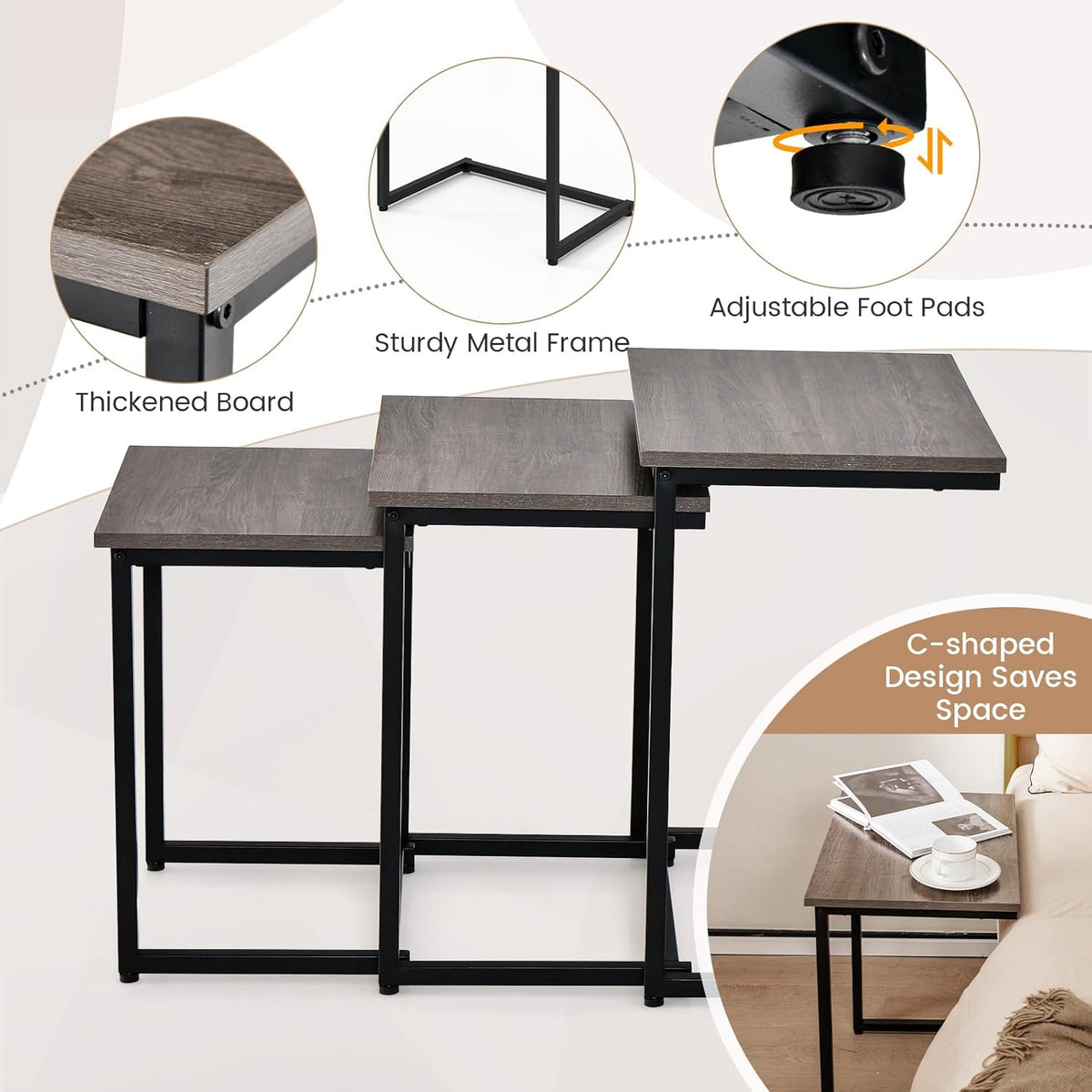 Tangkula Nesting Table Set of 3, Rectangle Stacking Side End Table w/Wood Top & Metal Legs, Adjustable Foot Pads, C-Shaped Accent Coffee Tables for Small Spaces, Living Room (C-Shaped, Gray, 3-pc)