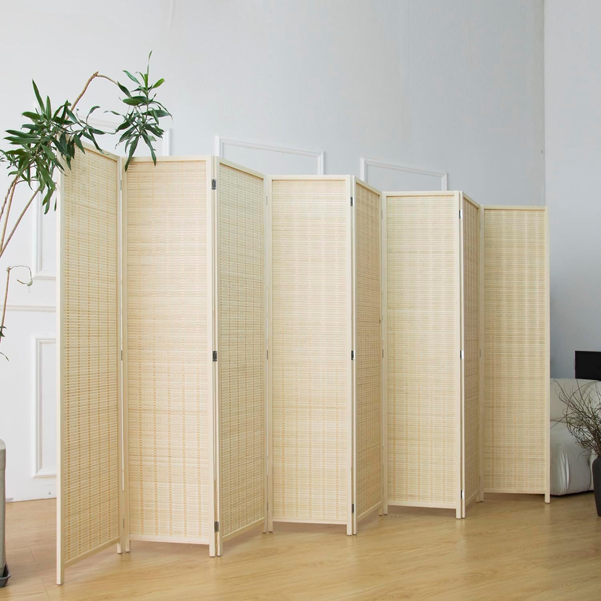 Furnnylane 8 Panel Bamboo Room Divider - 5.6 ft Tall Folding Privacy Screen, Natural Beige Freestanding Partition Wall (67" x 122.8", 8-Panel)
