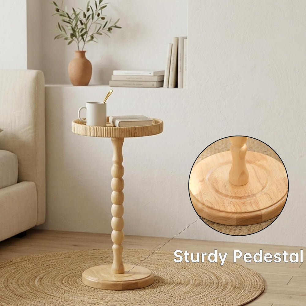 Small Drink Table, Rattan Round Side Table for Small Spaces, Boho Accent Tabl...