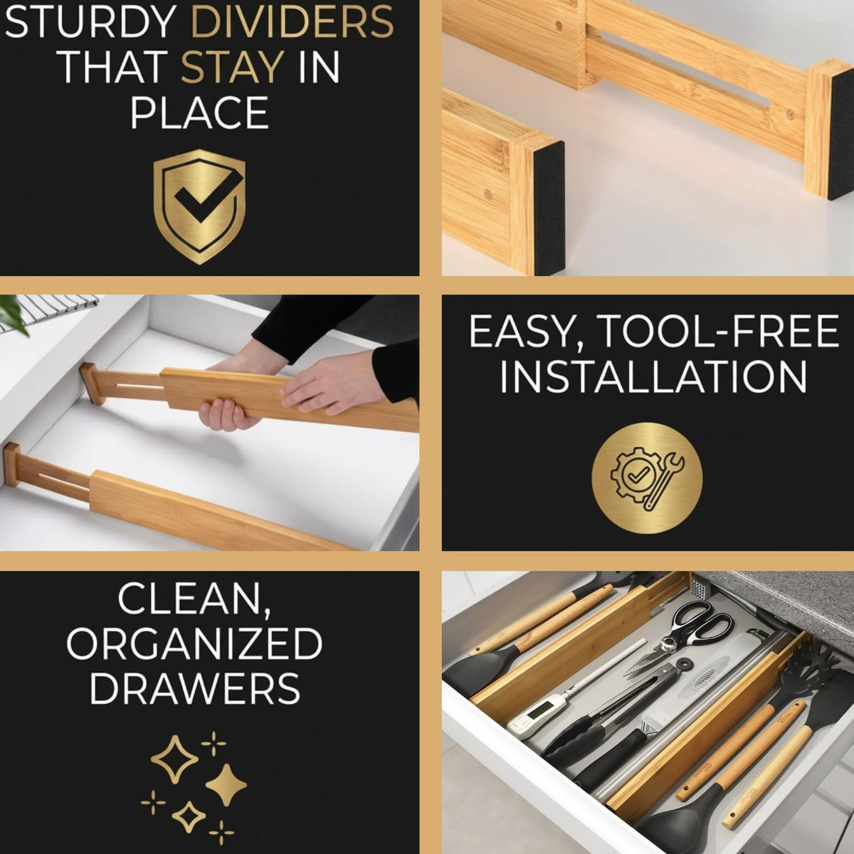 Adjustable Bamboo Drawer Dividers Expandable 8 Pack 17-22 Organizer