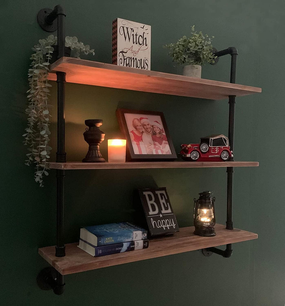 HDDFER Pipe Shelves Industrial Pipe Shelving Shelves Real Wood Industrial Flo...