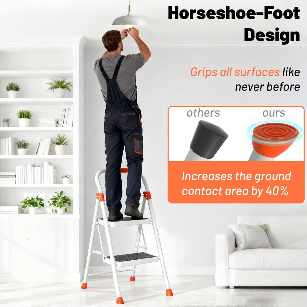 2 Step Ladder, Heavy Duty Step Stool with Orange Cushioned Handle