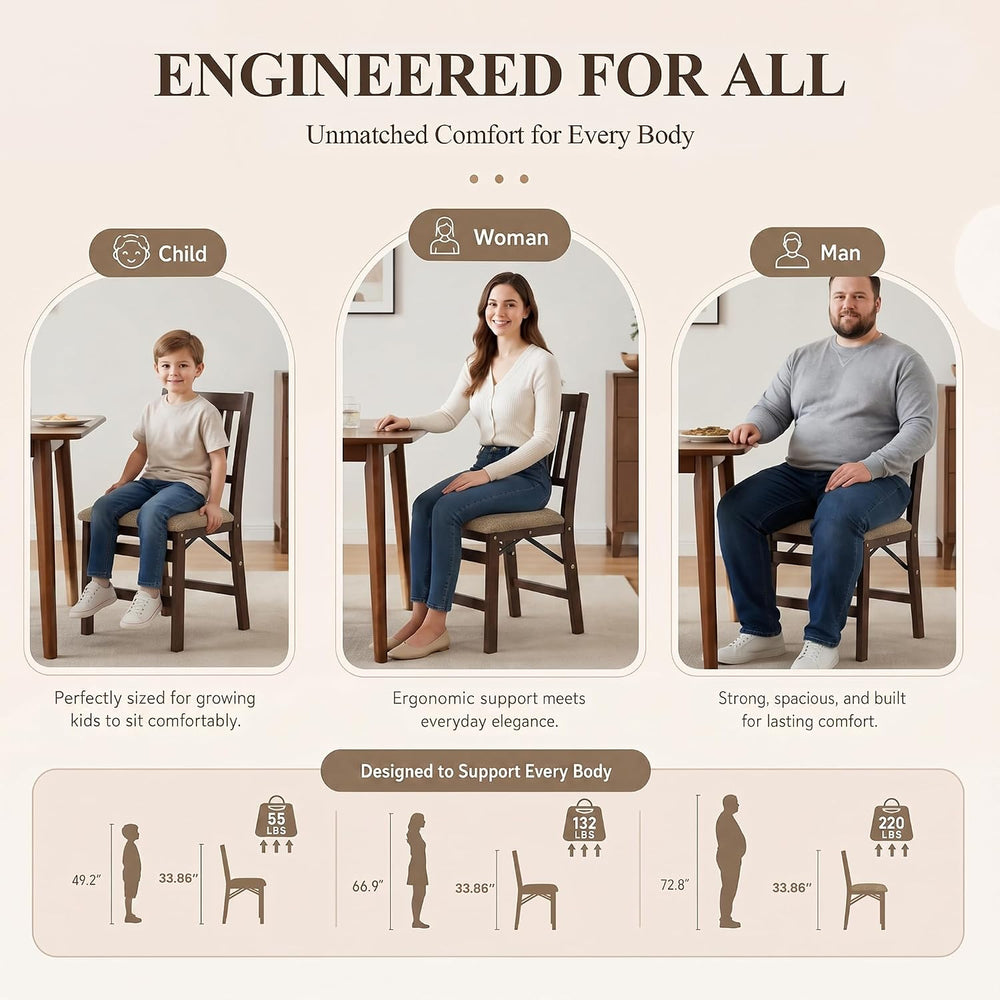 Wooden Folding Dining Chairs Set of 2 with Fabric Cushion, Pre‑Assembled