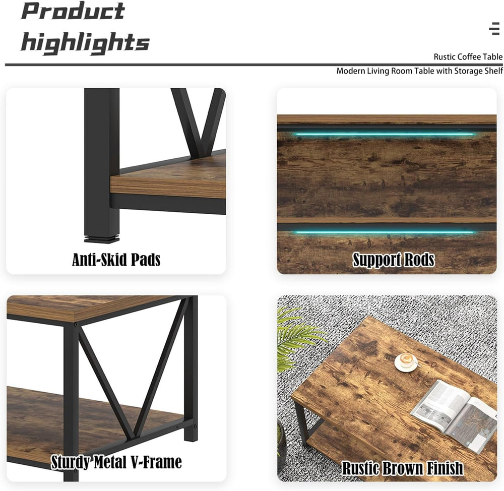 EXCEFUR Modern Coffee Table, Rustic Wood and Metal Living Room Table with Sto...