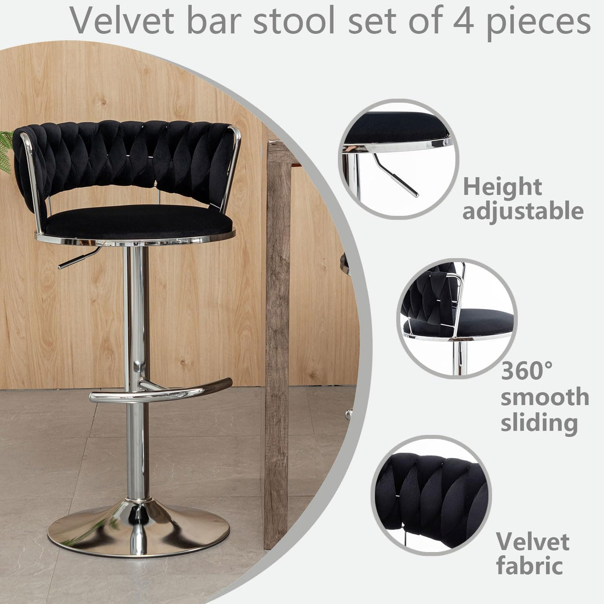 Canxkun Velvet Bar Stools Set of 4, Counter Height Bar Stools with Low Back, Modern Adjustable Height Barstools, Swivel Bar Chairs for Kitchen Island, Pub (Black)