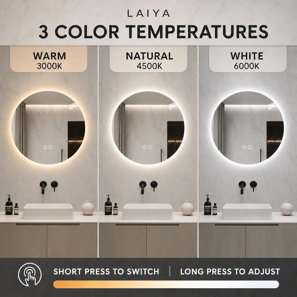LAIYA 24 Inch Round LED Bathroom Mirror Frameless Backlit Anti-Fog Dimmable