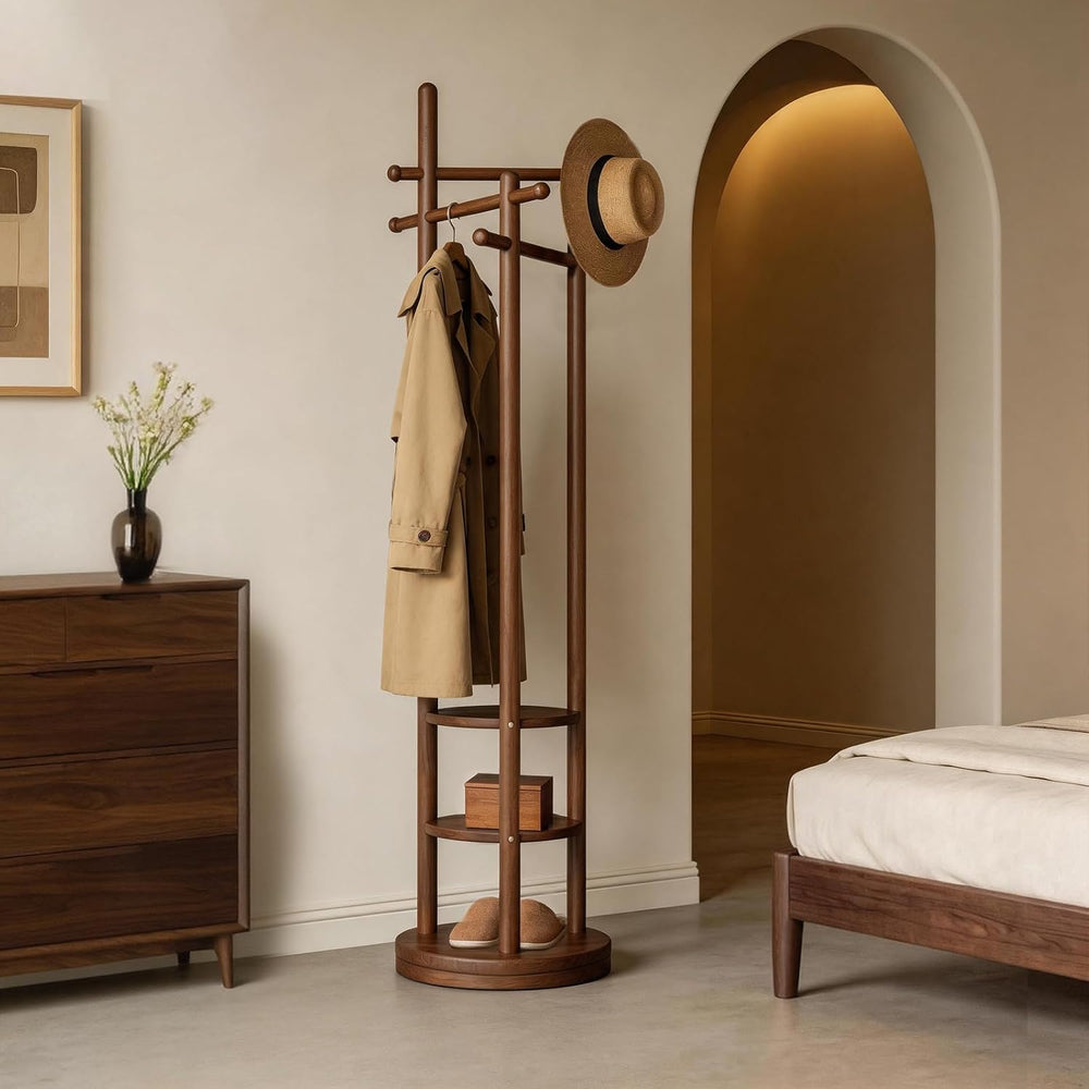 Coat Rack Freestanding, Solid Wood Coat Tree with 6 Hooks and 3 Storage Shelv...