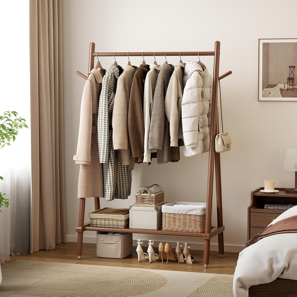 Muwuele Solid Wood Clothing Rack On Wheels for Hanging Clothes，Walnut