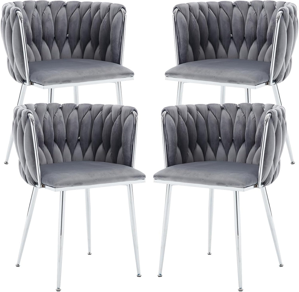 Velvet Dining Chairs Set of 4, Woven Back,Gray