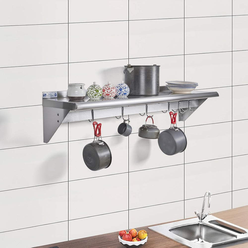 Hally Stainless Steel Shelf with 4 Hooks 12"x24" Wall Mounted Pot R...