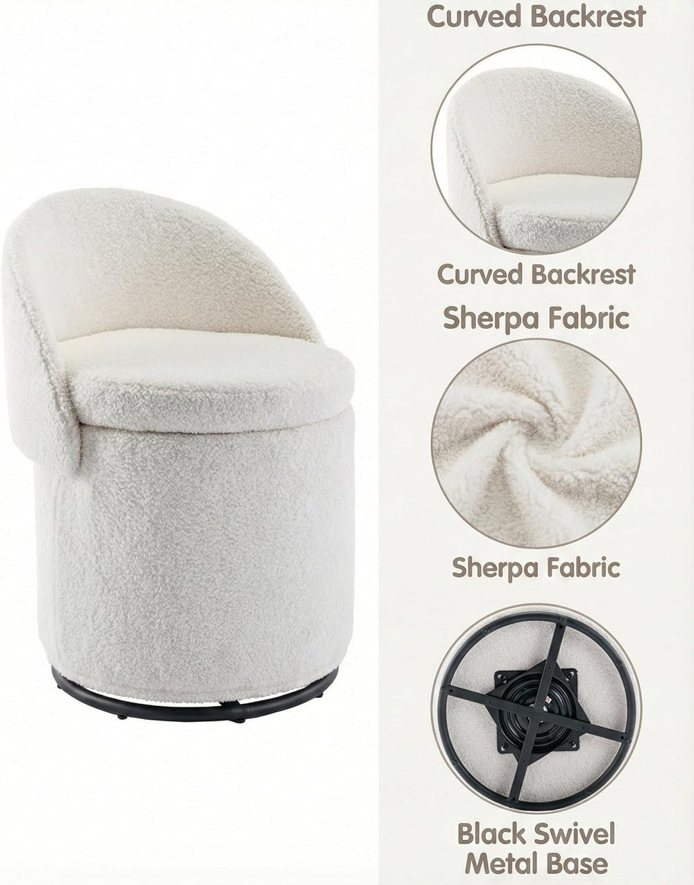 DUOMAY Modern Round Swivel Vanity Storage Stool with Foldable Backrest, Uphol...