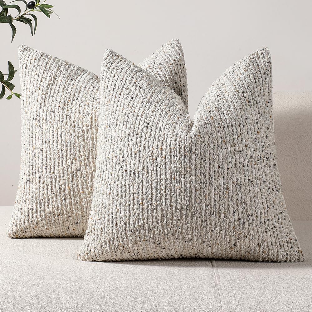 DEZENE Striped Throw Pillow Covers 18x18 Set of 2 Cream Grey Textured Boucle ...