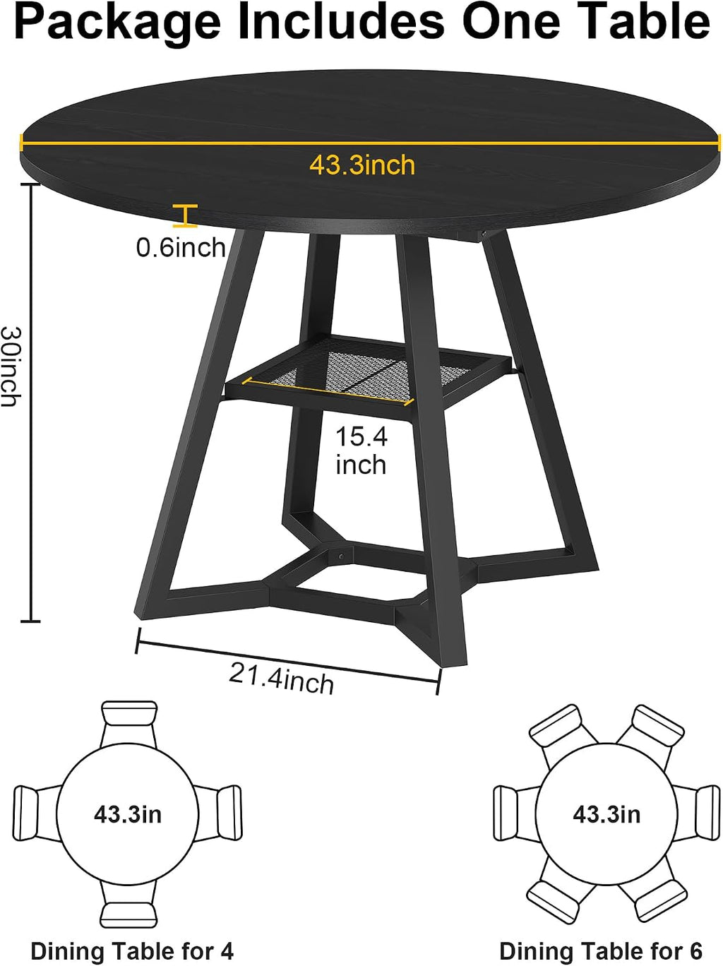 knoworld Round Dining Table for 4, Kitchen Tables Dining Room Circle Dinner Table with Pedestal Metal Frame, Space Saving Wood Industrial Kitchen & Dining Room Tables (Black, 43In)