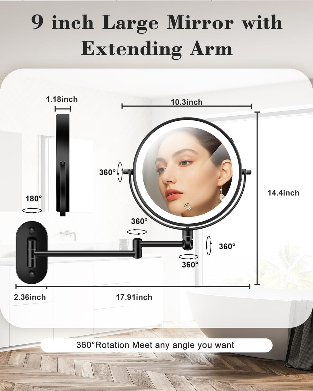 20X 9" Wall Mounted Magnifying Makeup Mirror with Light Height Adjustable
