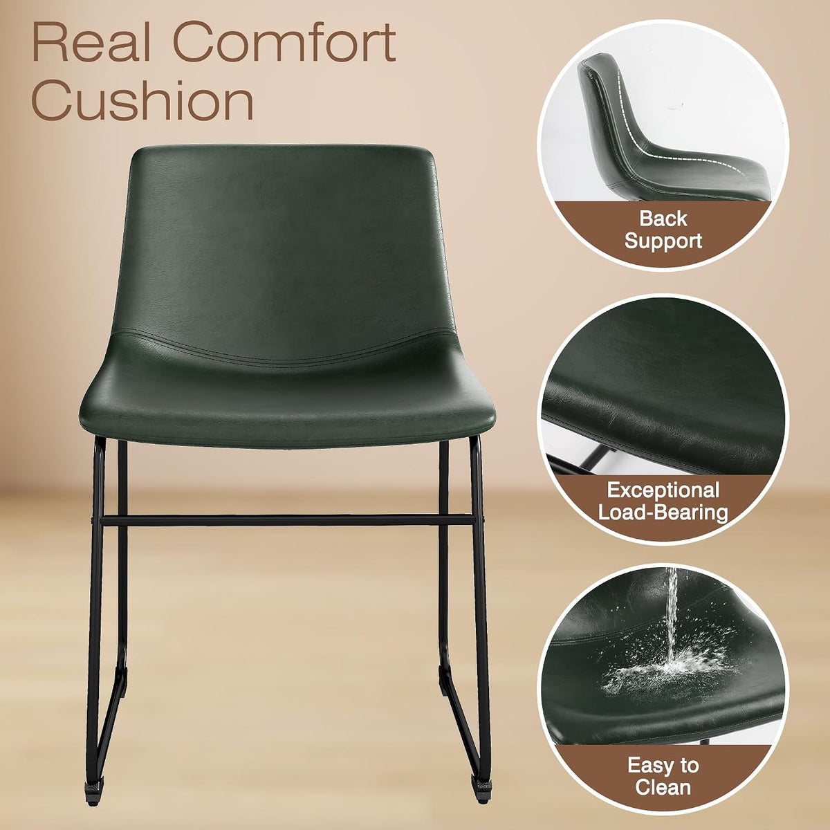 LSSBOUGHT Dining Chairs, Mid-Century Modern Dining Room Chair Kitchen Chairs, PU Leather Farmhouse Upholstered Dinner Chair for Kitchen Dining Room (Green, 2PCS)