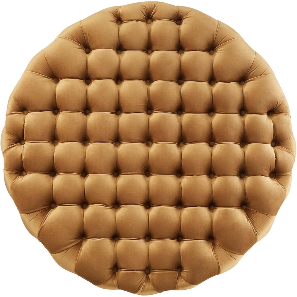 Modway Amour Tufted Button Large Round Performance Velvet Ottoman in Cognac