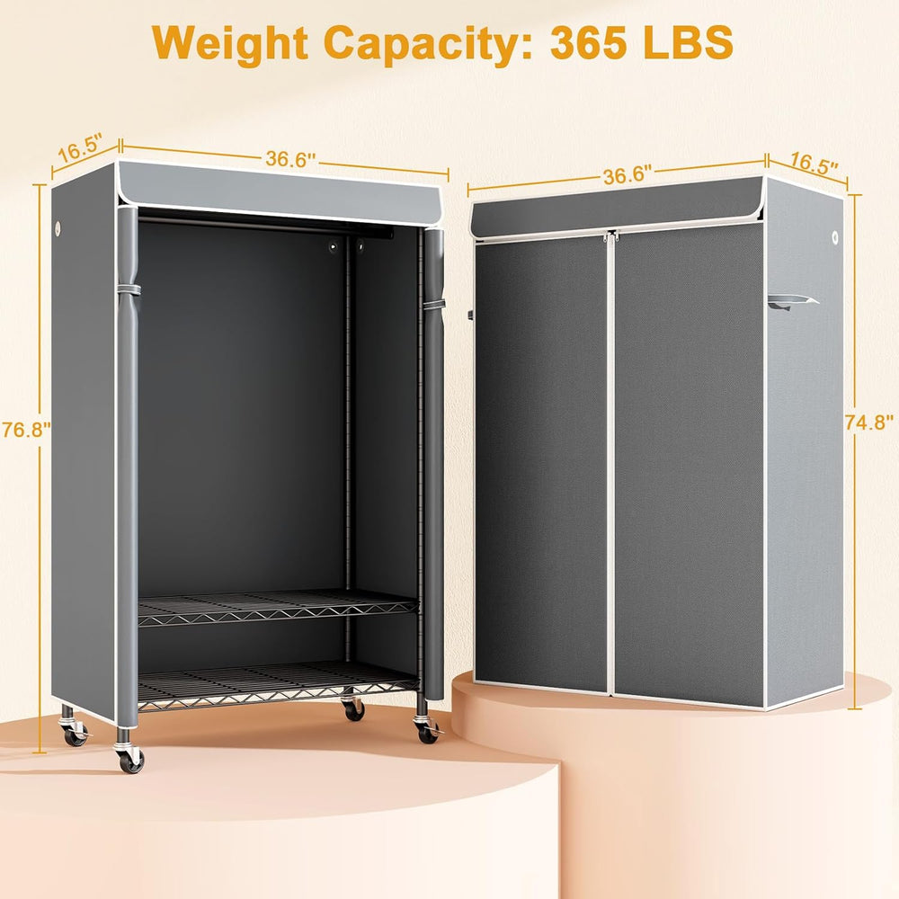 ULIFHOME P6C Rolling Clothes Rack with Cover, 3-Tier Covered Clothing Rack