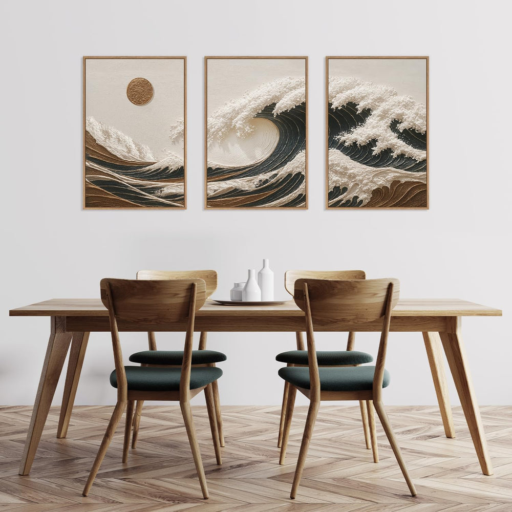 HLNIUC Sea Wave Framed Canvas Wall Art,Abstract Sun Seascape Wall Decor Set o...
