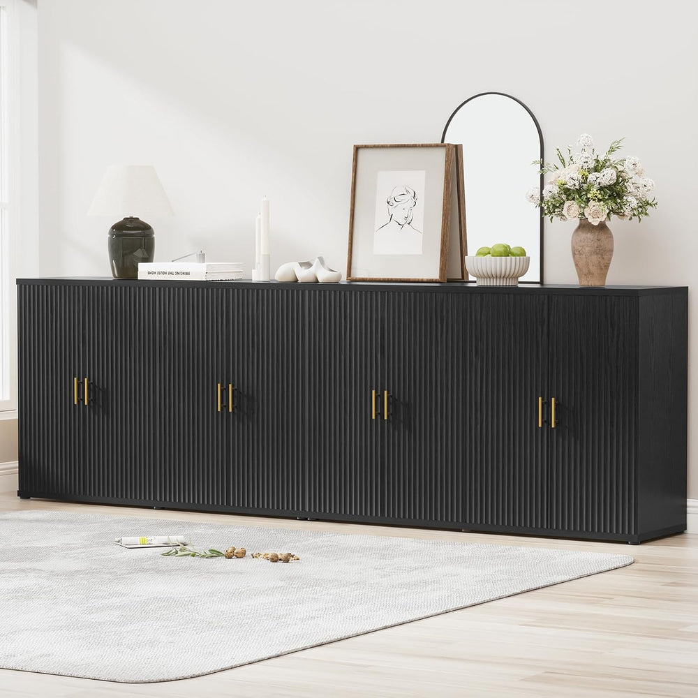 Yechen 94.6" Black Fluted Sideboard Buffet Cabinet with Storage and 8 Do...