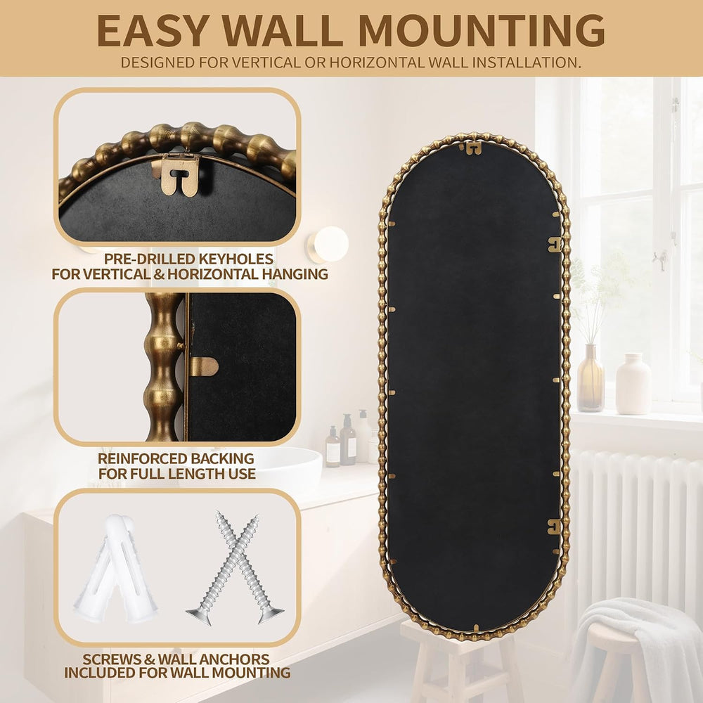 20"x53" Oval Full Length Wall Mirror, Unique Bold Beaded Frame
