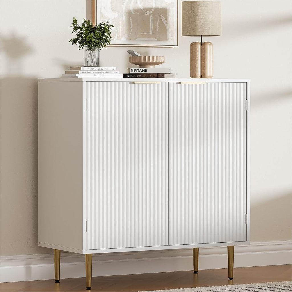 Housoul Fluted Buffet Sideboard Storage Cabinet with 2 Doors, White