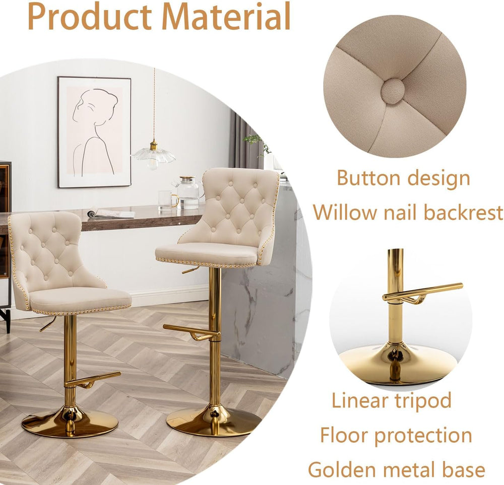Riknuxi Velvet Bar Stools Set of 2, Counter Height Bar Stools with Button &am...