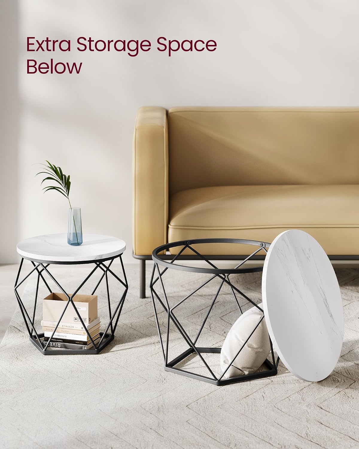 VASAGLE Small Round Coffee Table Set of 2, with Steel Frame