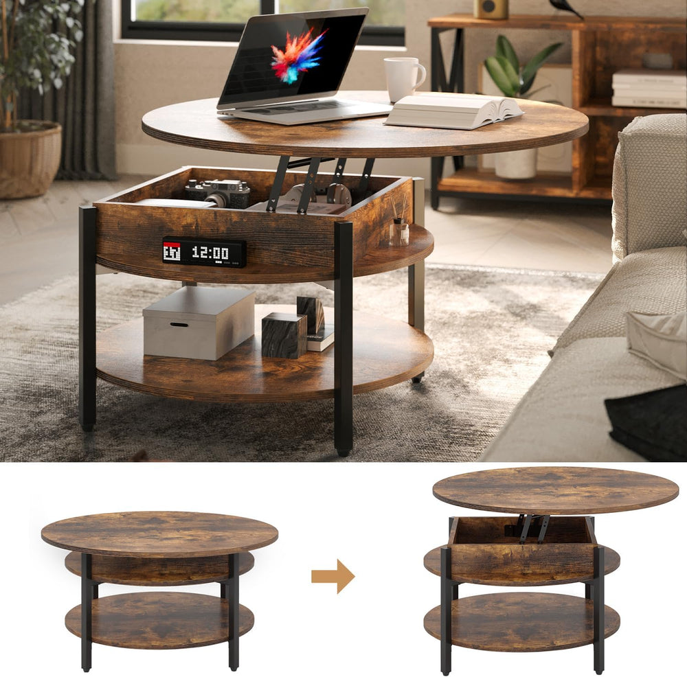 FABATO 26.77” Round Lift Top Coffee Table with Storage, Rustic Brown