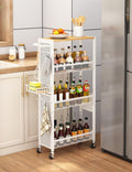 Slim Storage Rolling Cart: 4-Tier Narrow Metal & Wood Utility Cart with Wheels for Kitchen/Laundry/Bathroom(White)