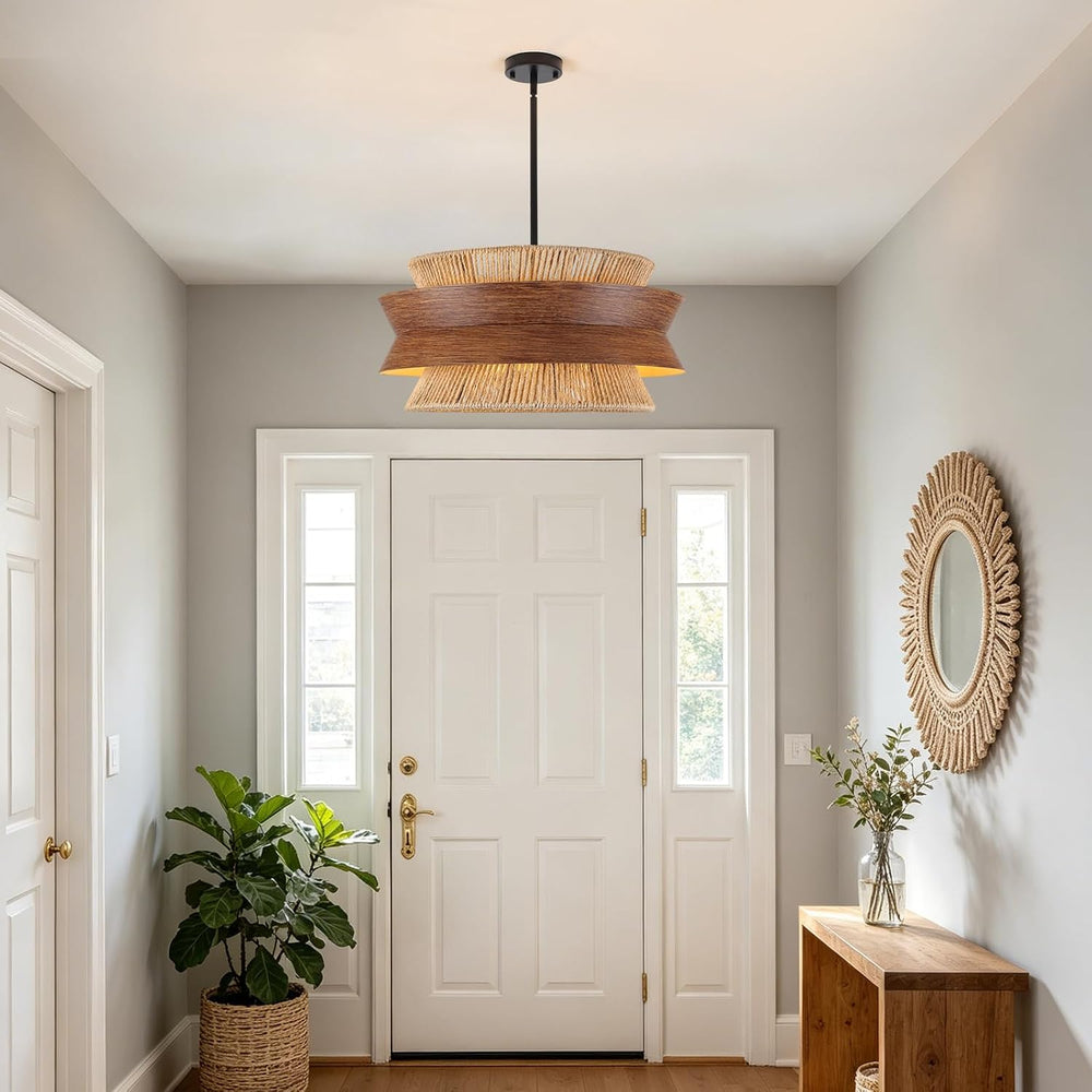 23.6" Rattan Chandelier with Wood Texture for Dining Room