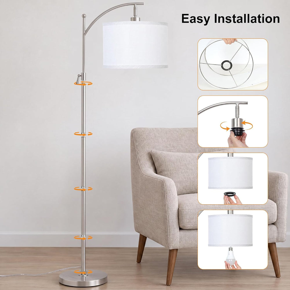 Brushed Nickel Arc Floor Lamp Adjustable Height 55-63in 3 Color 9W LED Bulb