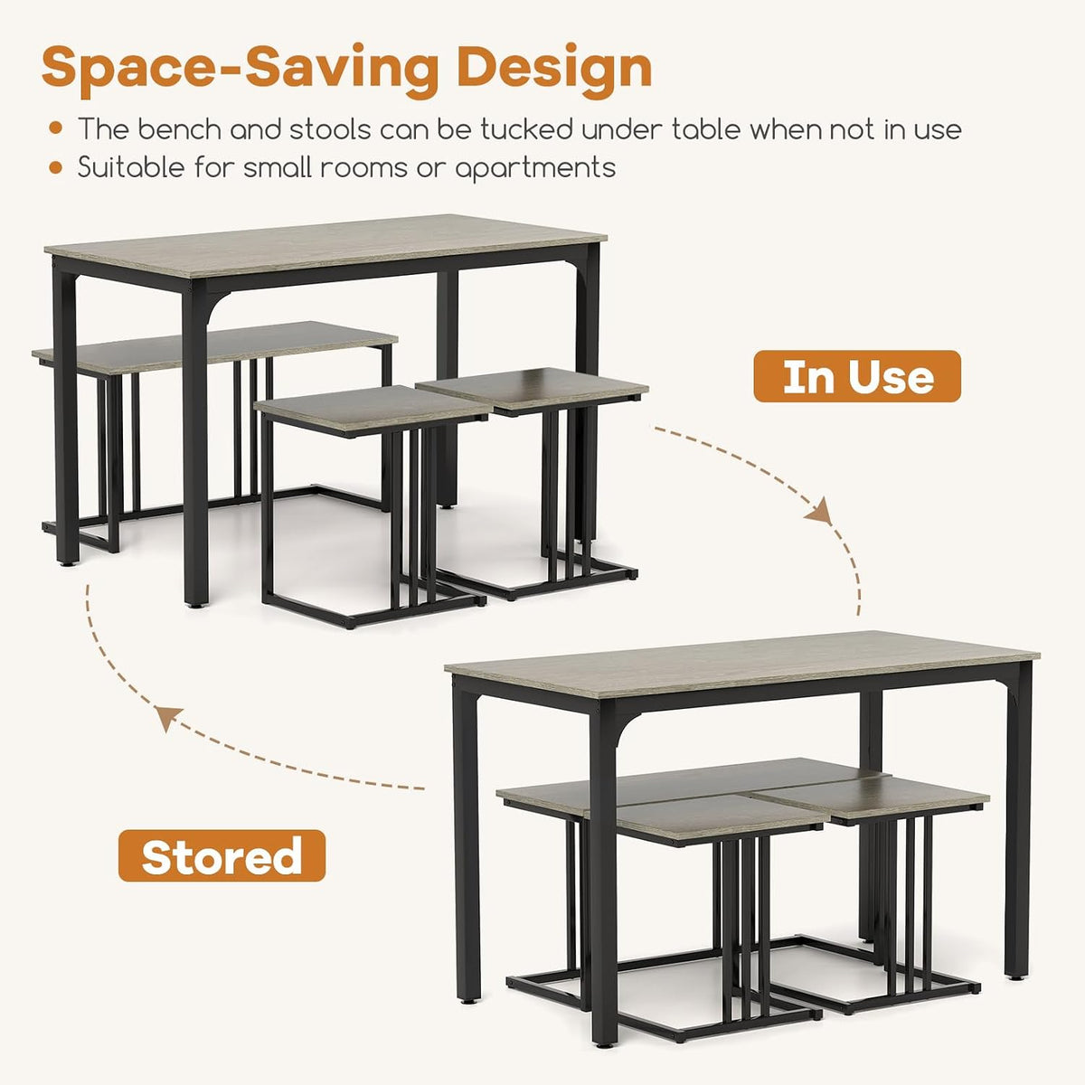GOFLAME 4-Piece Dining Table Set for 4, Rectangular Wood Dining Table with Bench & 2 Stools, Industrial Kitchen Table Set, Space-Saving Dinette Set for Living Room, Dining Room, Pub, Grey Oak