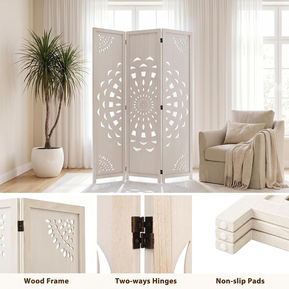 3 Panel Room dividers, 66.9" Boho Double-Sided Carved Screen, White