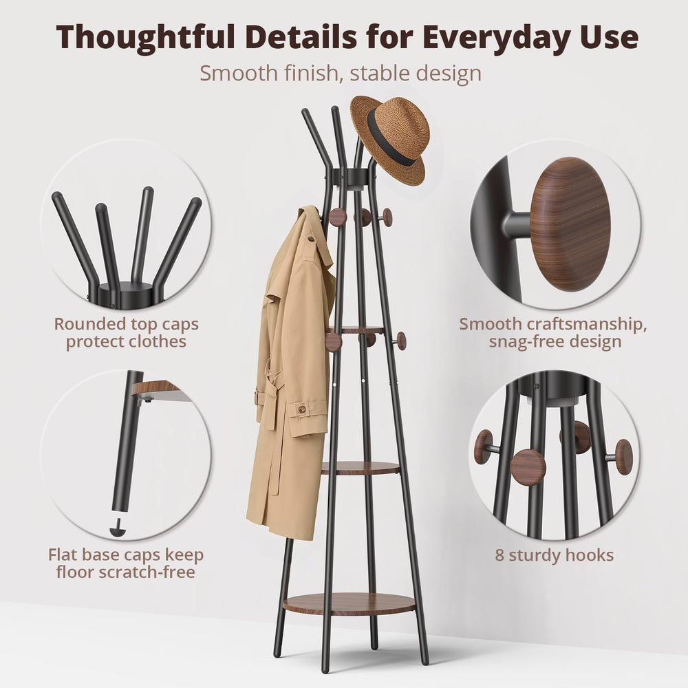 young master Freestanding Coat Rack with Light, 12 Hooks & 3 Wood Shelves...