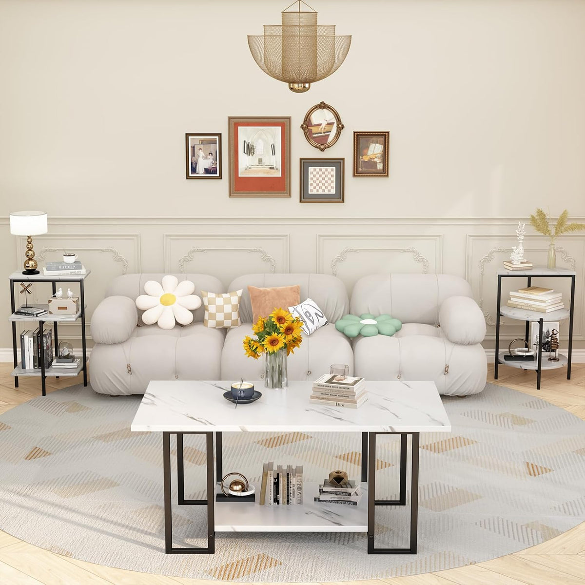 AWQM Coffee Table Set, Faux Marble Table & 2 Side Table, White & Black | 3 Piece Coffee Table Set, Modern Design, Metal Frame, Modern Living Room Table Set, For Office, Living Room & Apartment