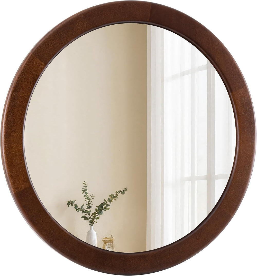 CULER Round Wood Mirror 24 Inch,Circle Mirror with Walnut Frame for Wall