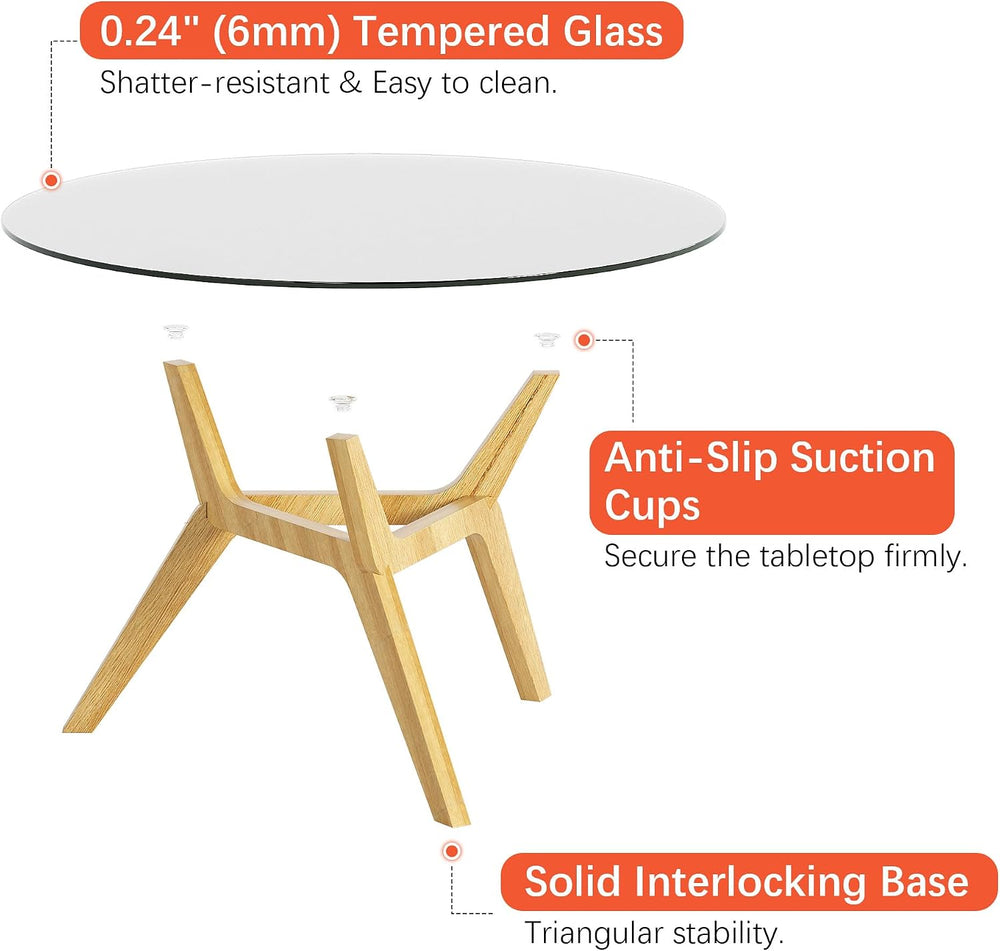 Vlsrka Round Glass Coffee Table, Boho Soild Wood Base, 31.5" W, Wood