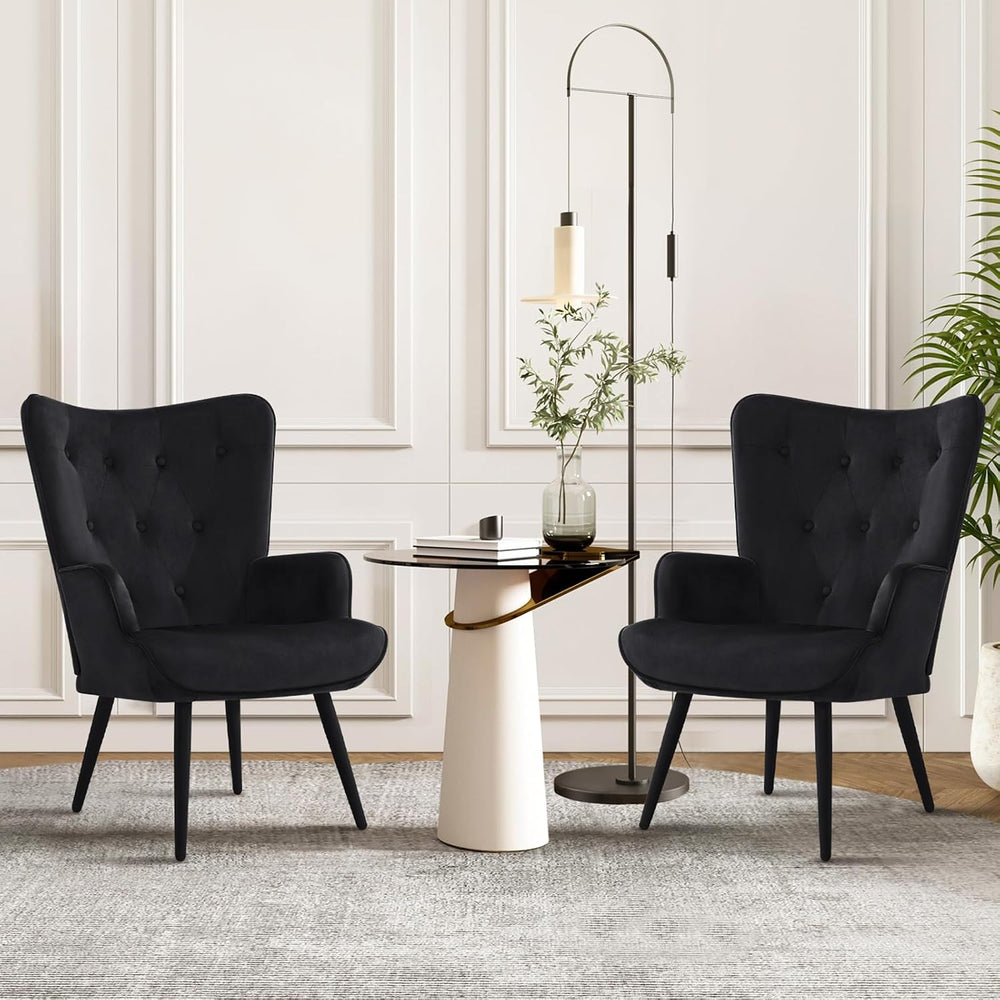 Furnimart Accent Chairs Set of 2, Black Velvet Reading Armchairs with High Ba...