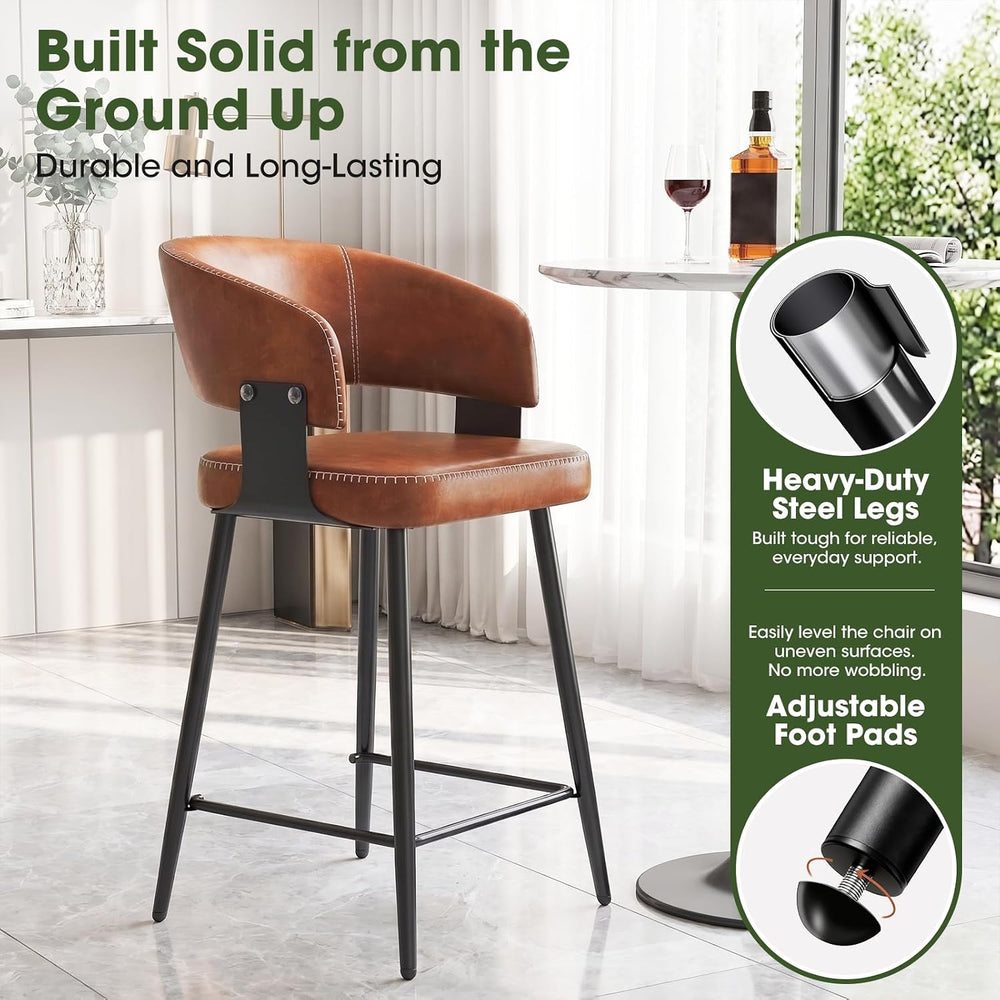 26" Counter Height Bar Stools, Padded Bar Chairs, Set of 2, Brown
