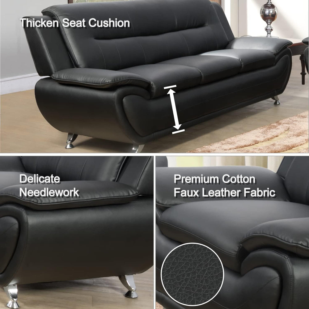3 Pieces Living Room Sofa Set, Faux Leather Sofa Loveseat Armchair Set, Moder...