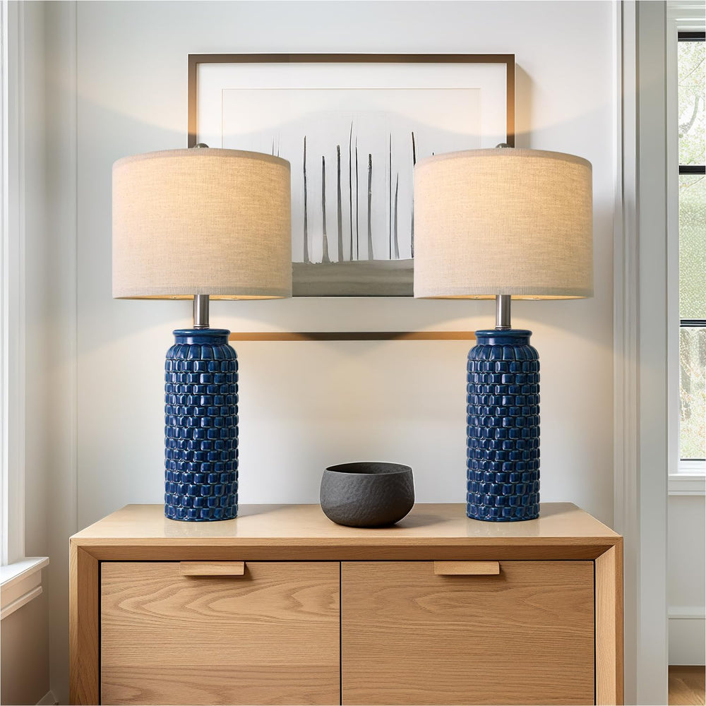 USumkky 24 inches Modern Ceramic Dark Blue Bedside Lamp Set of 2 for Bedroom ...