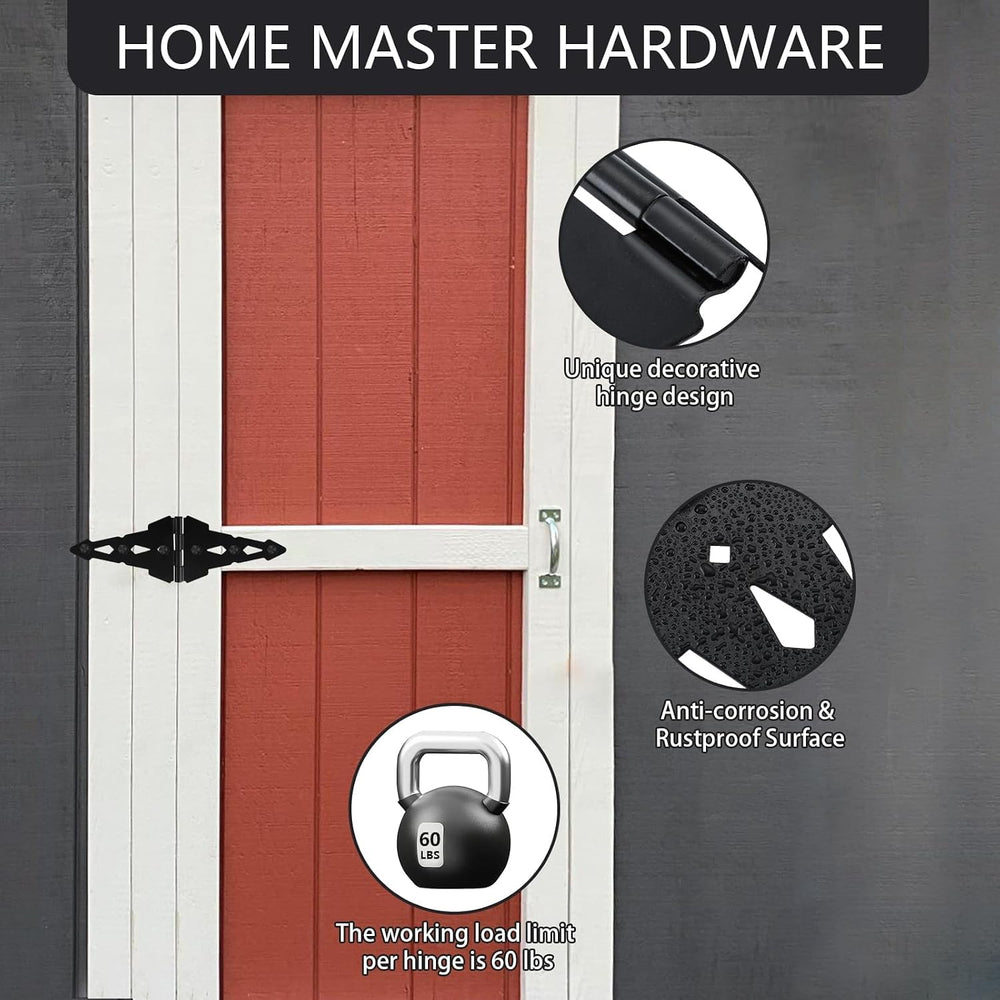 HOME MASTER HARDWARE 8" Heavy Duty Gate Hinges, 6 Pack Strap Hinges, Black