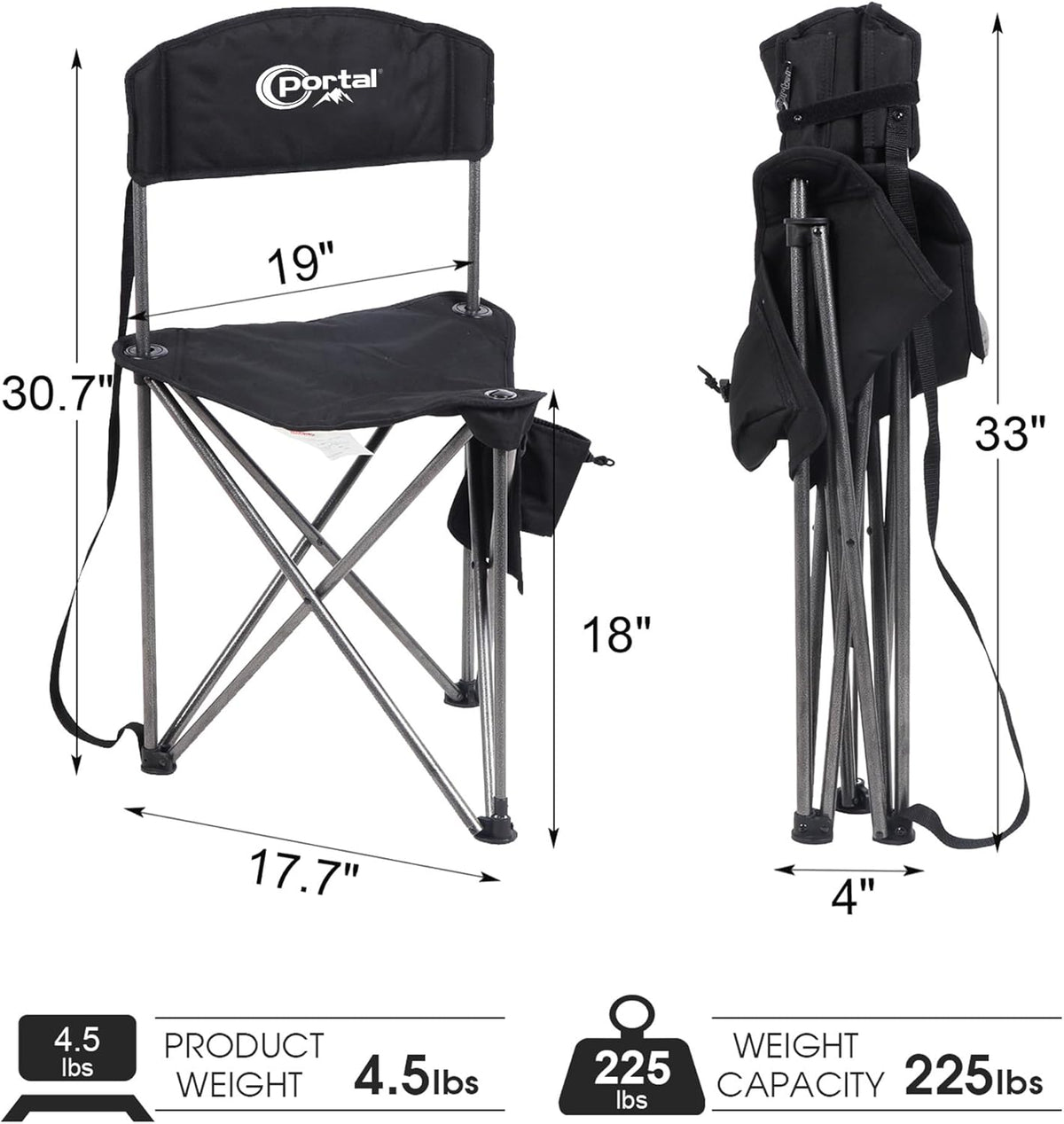 portal extra large quick folding tripod stool with, side view