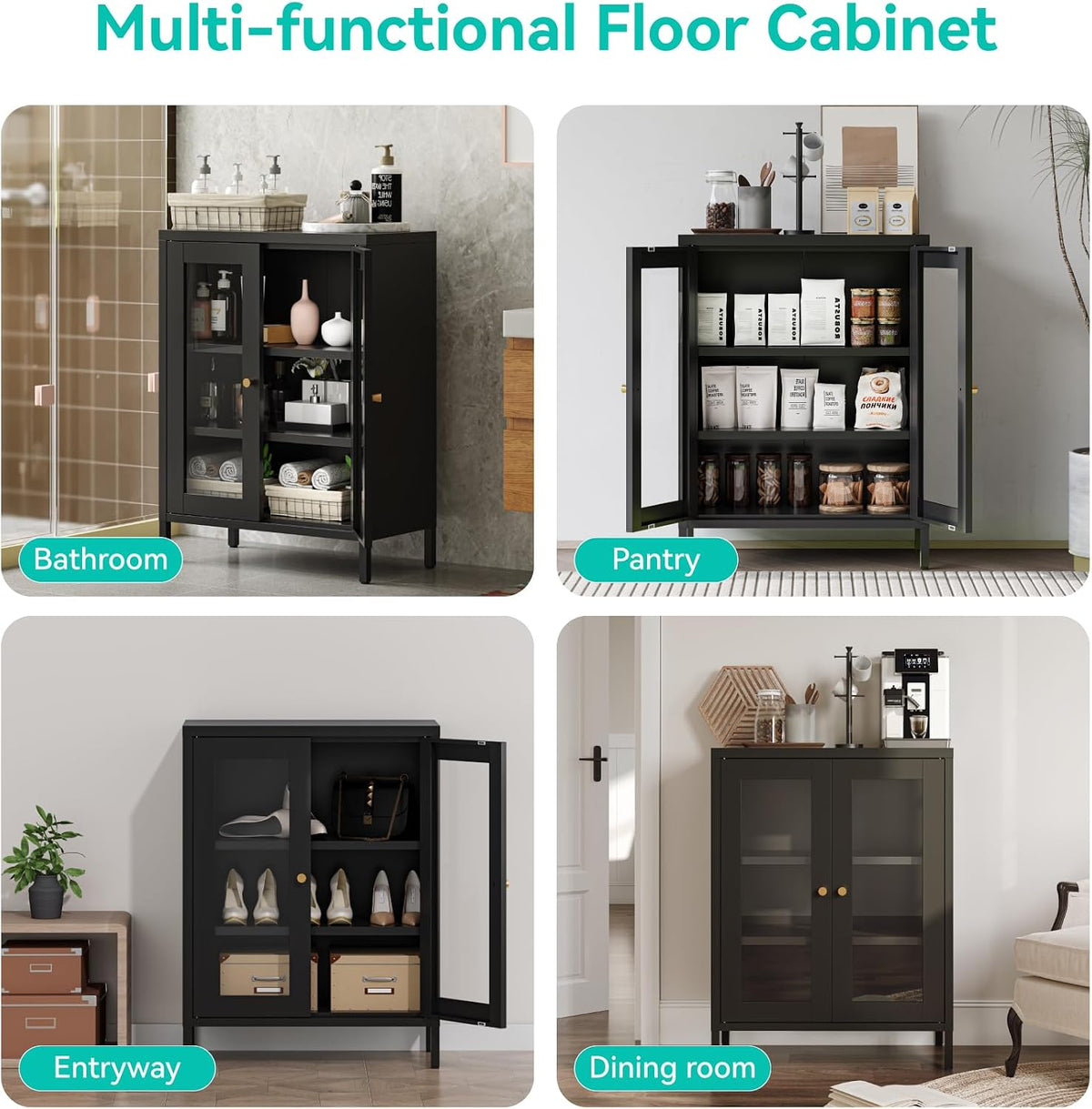 Small Metal Cabinet with Glass Doors,Display Storage Cabinet with 2 Adjustable Shelves for Bathroom Entryway Living Room Dining Room Kitchen,3-Tier,11.8" D x 23.6" W x 31.5" H, Black