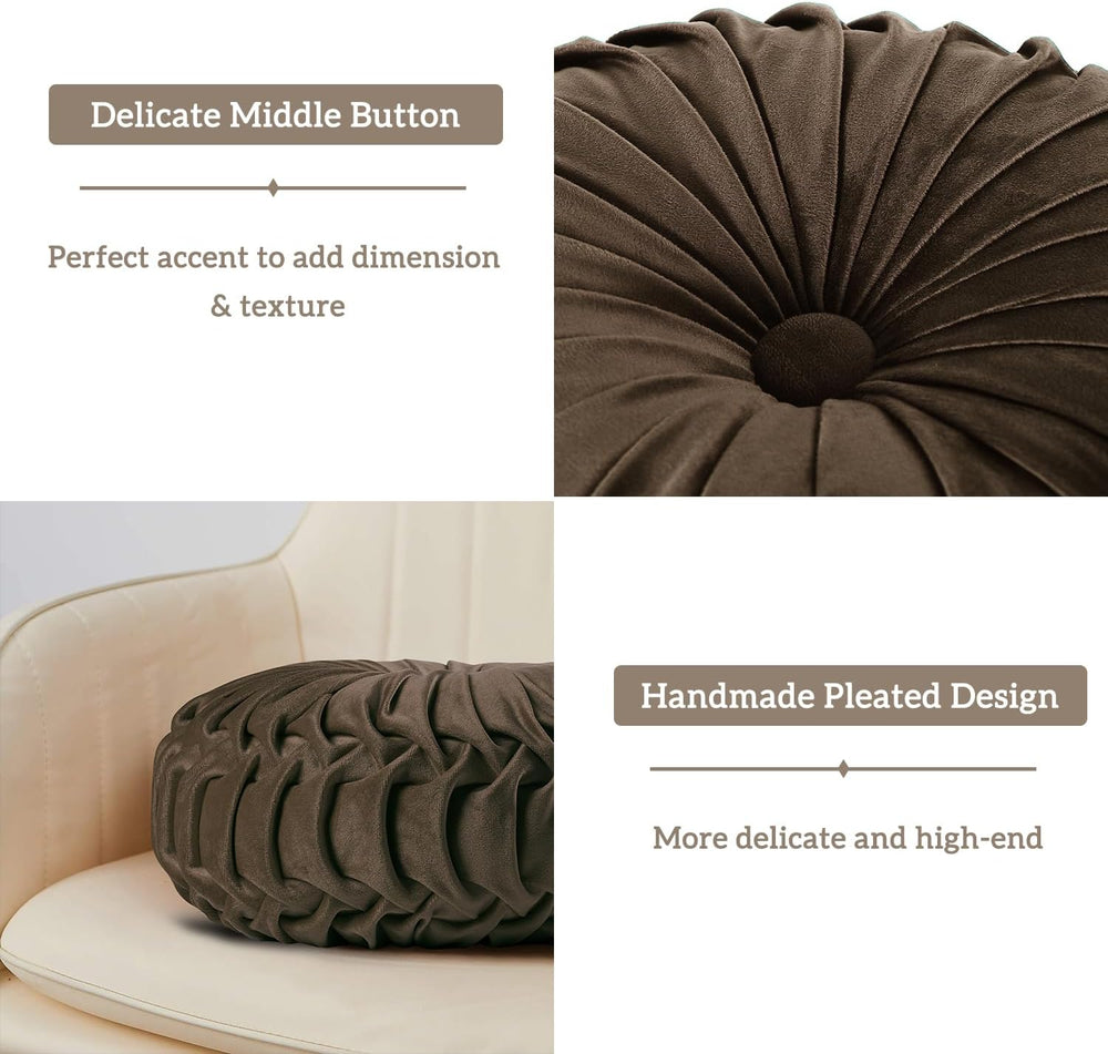 HIG Set of 2 Chocolate Velvet Decorative Round Pleated Throw Pillows