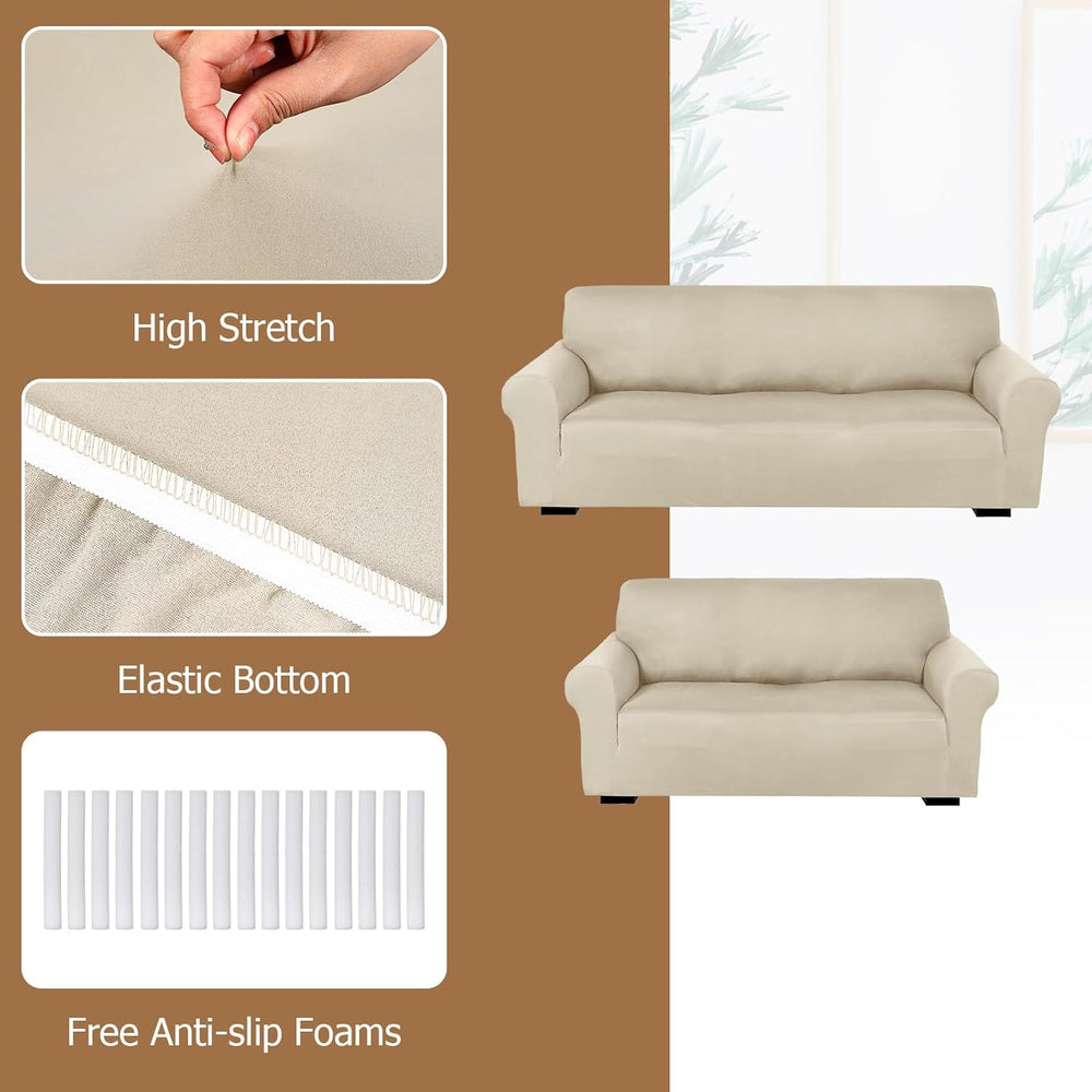 Peryiter 2 Pcs Couch and Loveseat Sofa Covers,Beige,Milk Silk